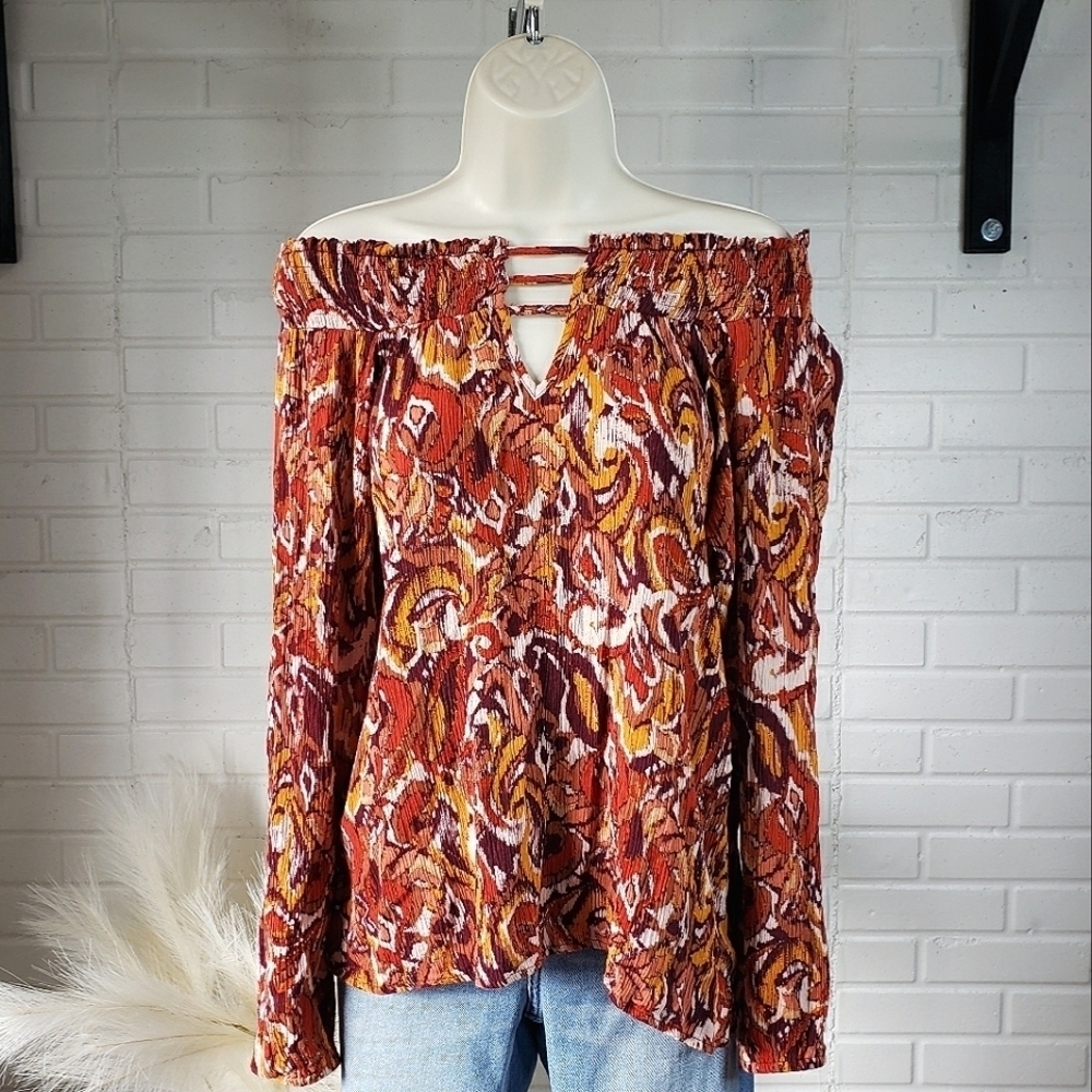 Buckle Black Strappy Wide Neck Off the Shoulder Top Orange Maroon size Small